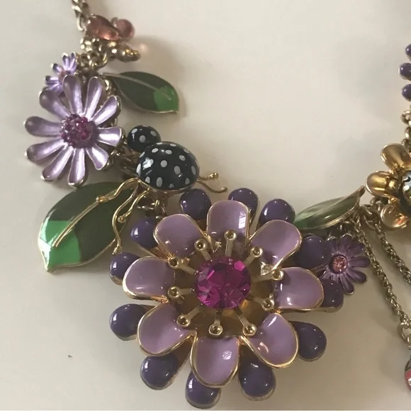 Betsey Johnson Secret Garden Party Flower Leaf Bugs Charm Necklace. - Picture 2 of 10